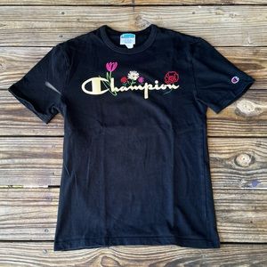 Champion Embroidered Floral Flower Print Black T Shirt Men's Size S